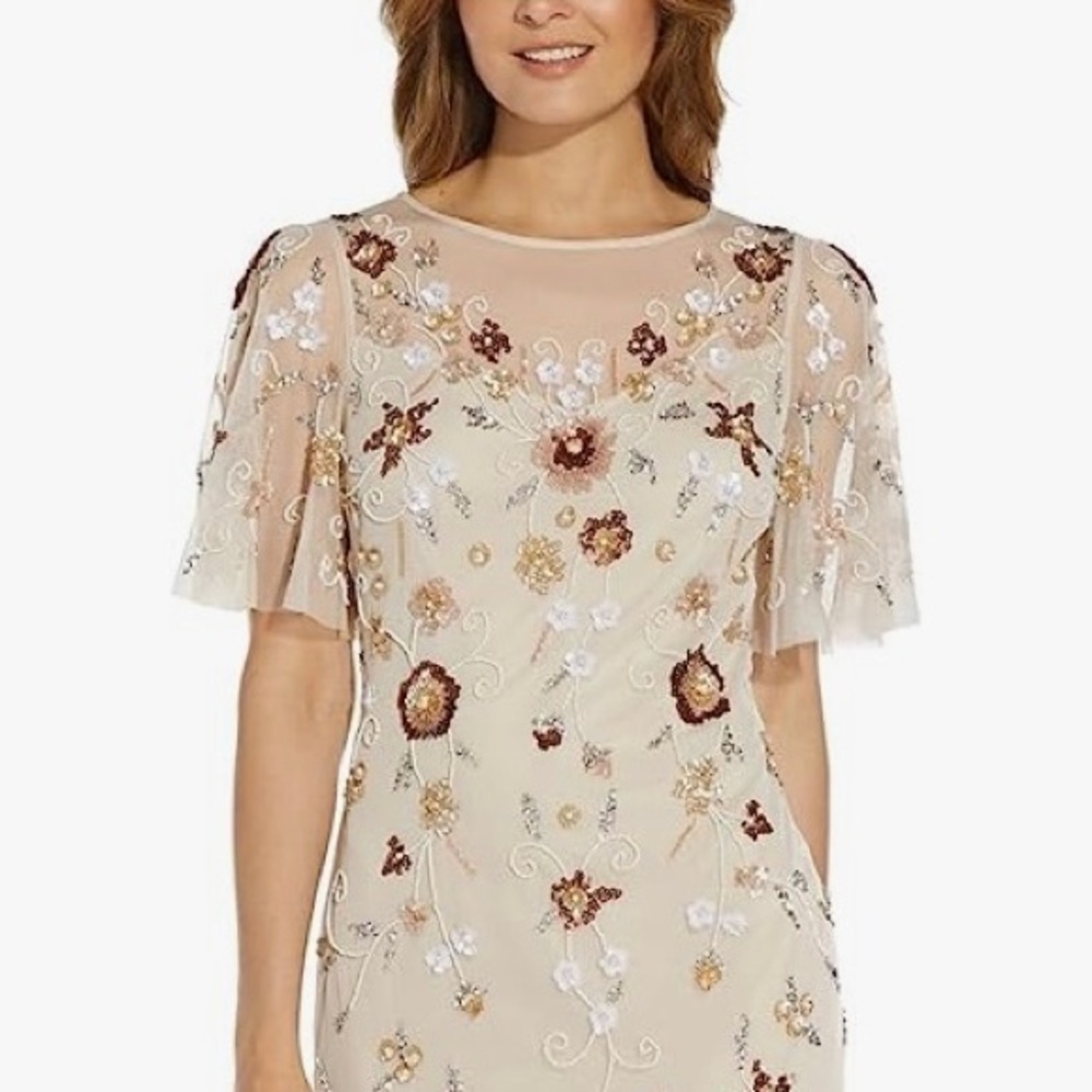 Adrianna Papell Beaded Illusion Flutter Sleeve Sheath Dress in Alabaster Size 4 - Picture 3 of 6